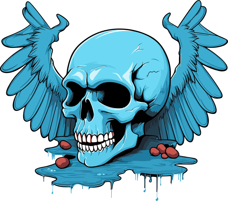 a skull with wings and blood