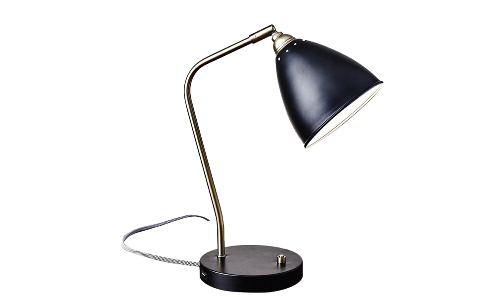 a black desk lamp on a white background
