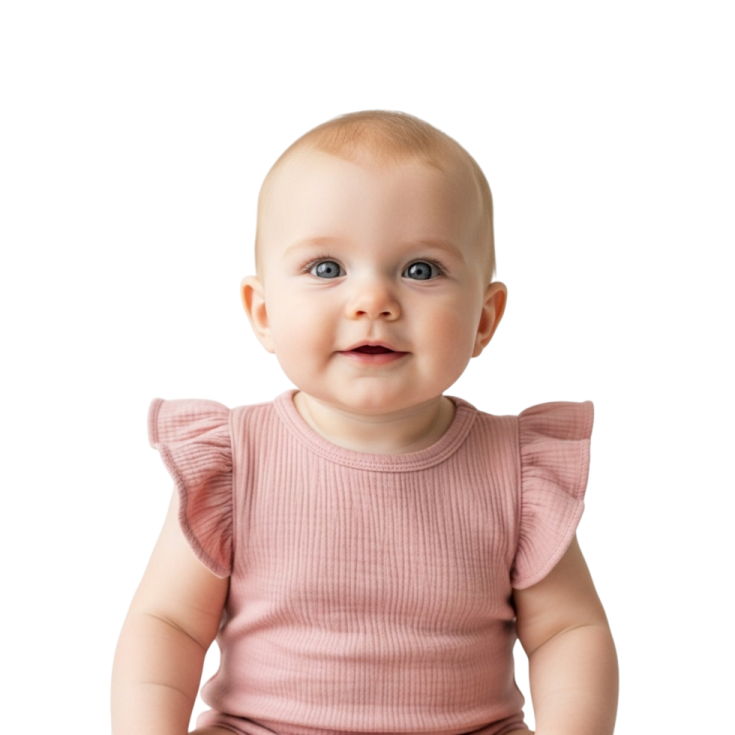 a baby sitting on the floor wearing a pink dress