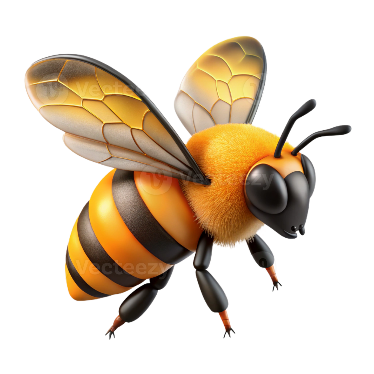 a bee flying in the air on a white background