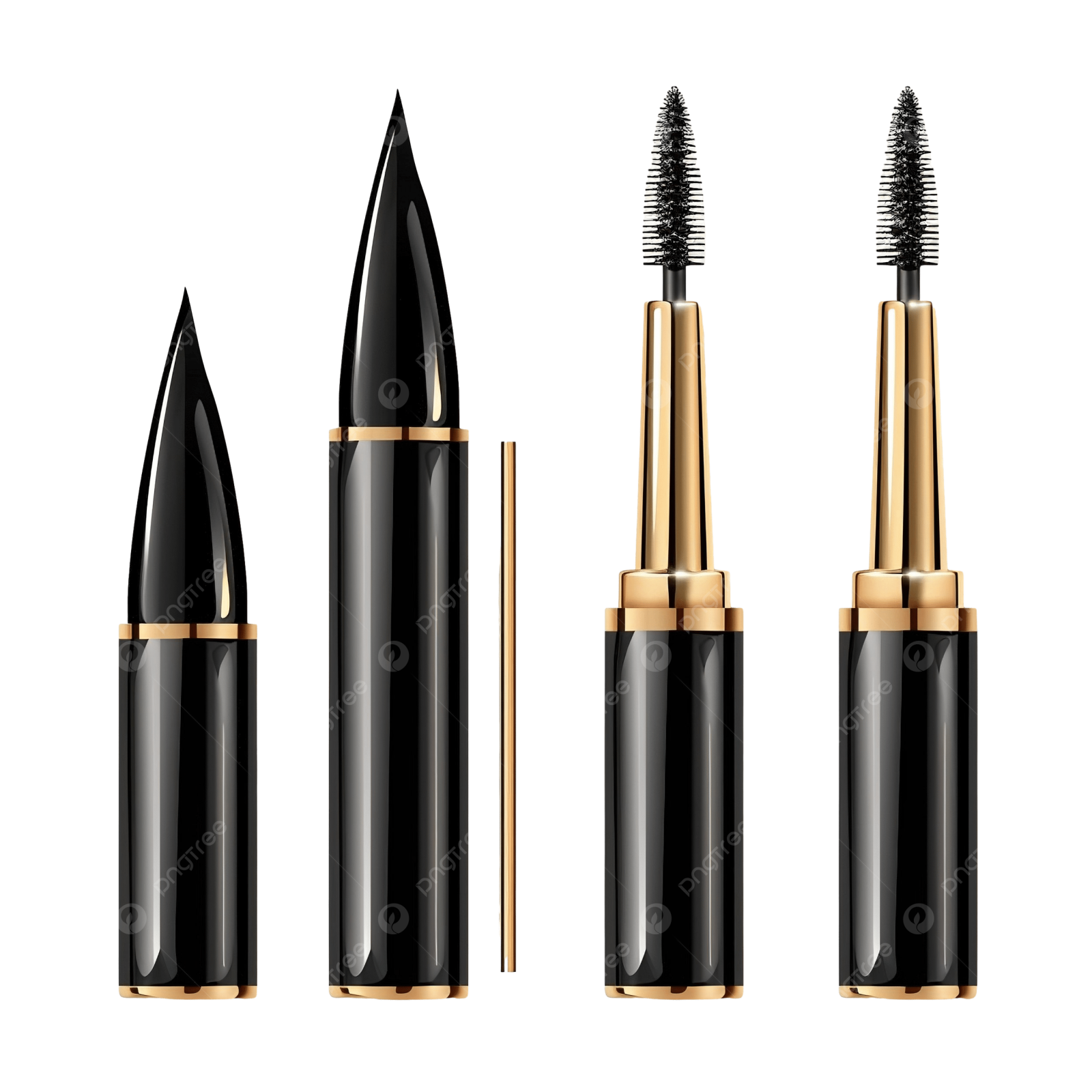 a set of black and gold mascaras on a white background