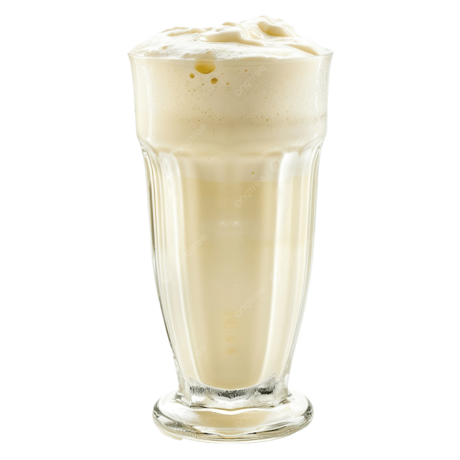 a glass filled with milk on a white background