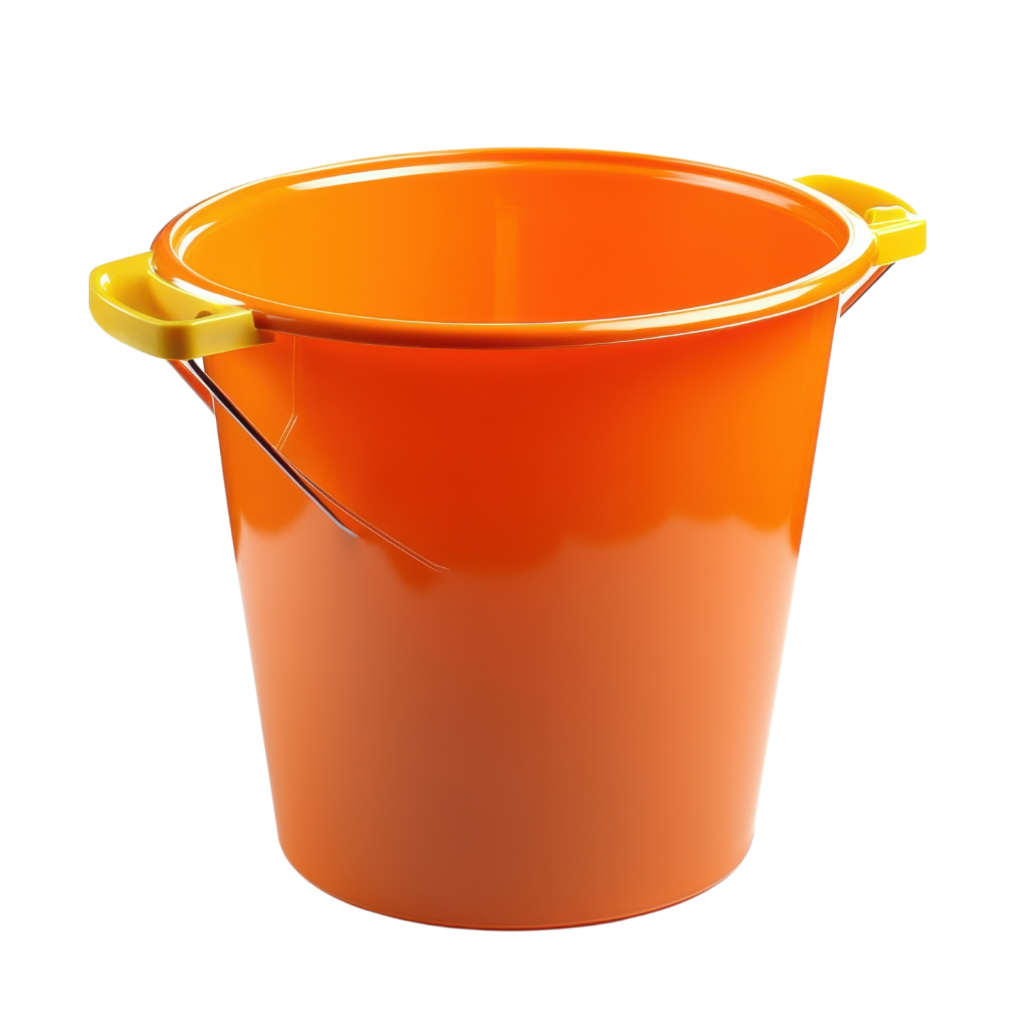 an orange bucket with a yellow handle