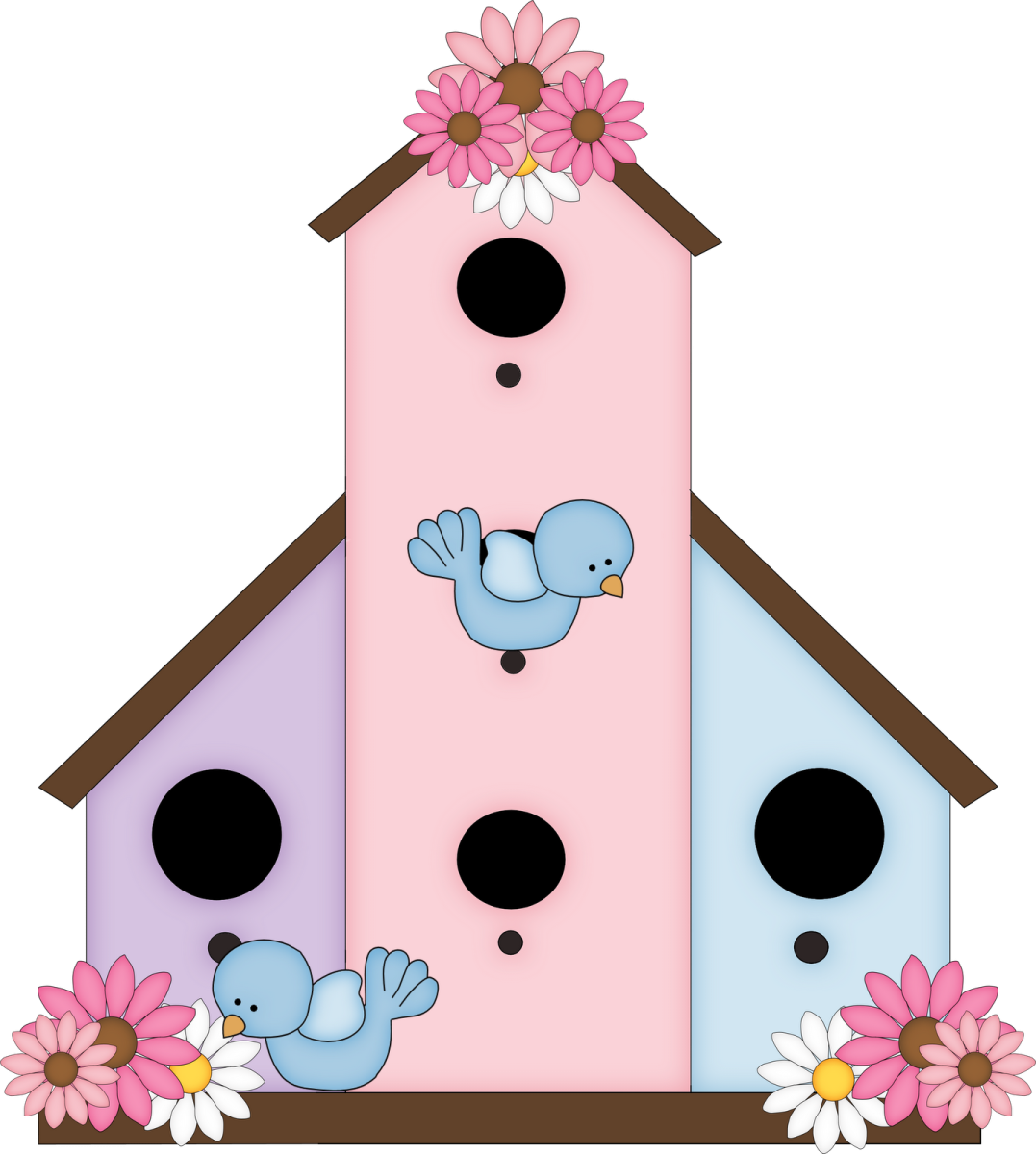 a bird house with two birds and flowers