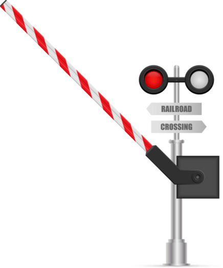a red and white traffic light with a railroad crossing sign