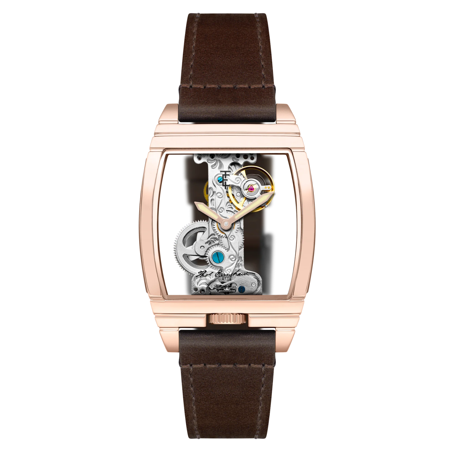 a rose gold watch with brown leather straps