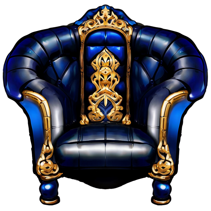 a blue chair with gold accents on it