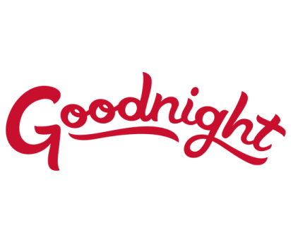 a red and white logo with the word goodnight