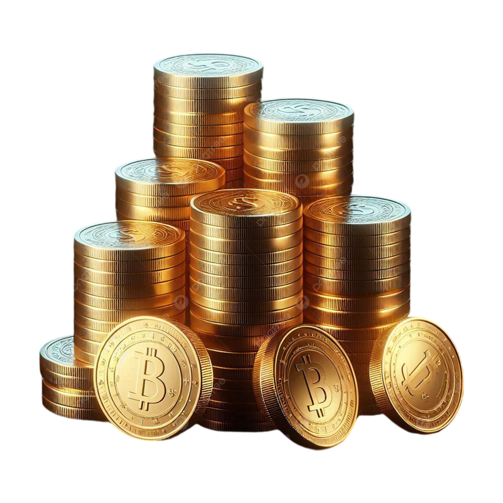 a pile of gold coins on a white background