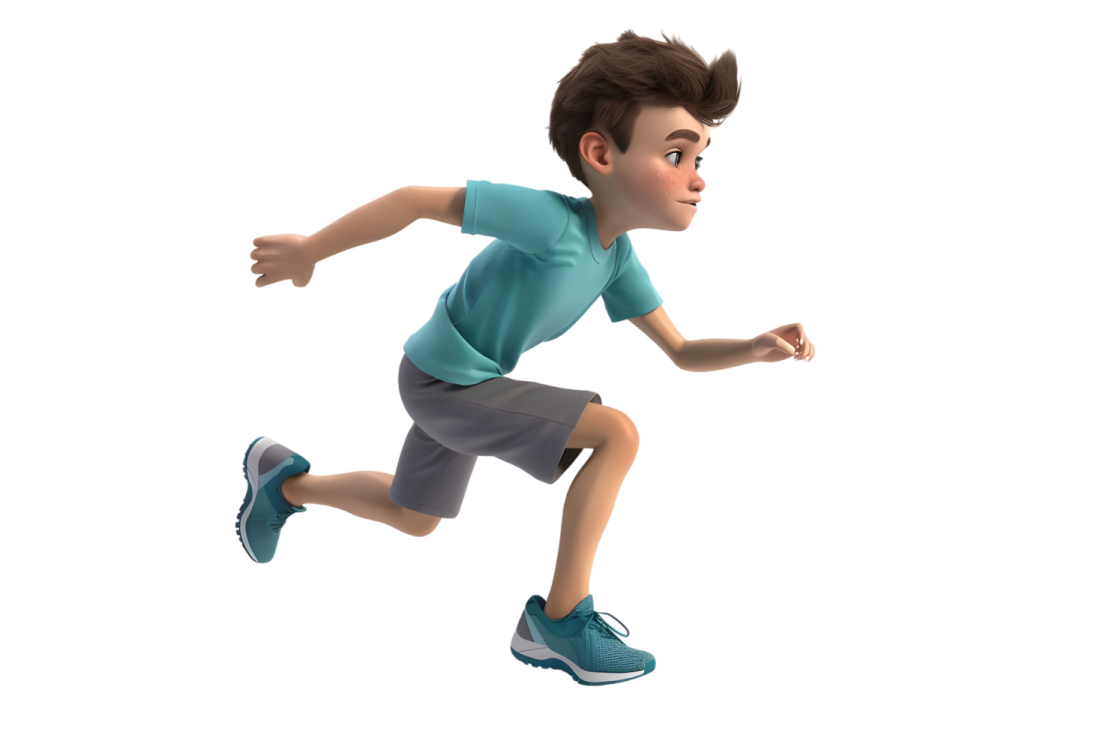a young boy is running on a white background