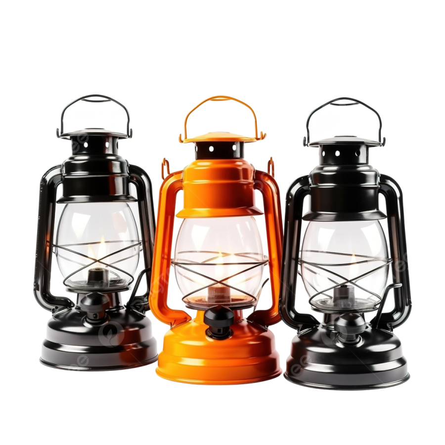 three orange and black lanterns on a white background