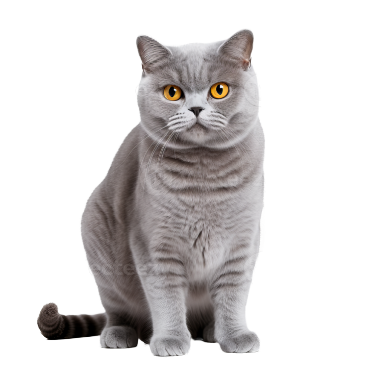 a grey cat with yellow eyes sitting down