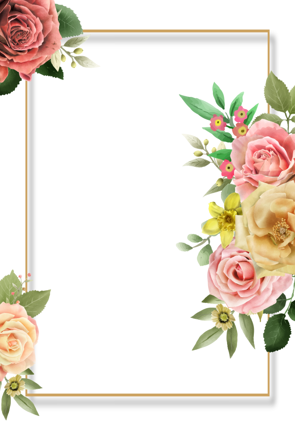 a square frame with pink roses and green leaves