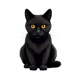 a black cat with yellow eyes sitting down