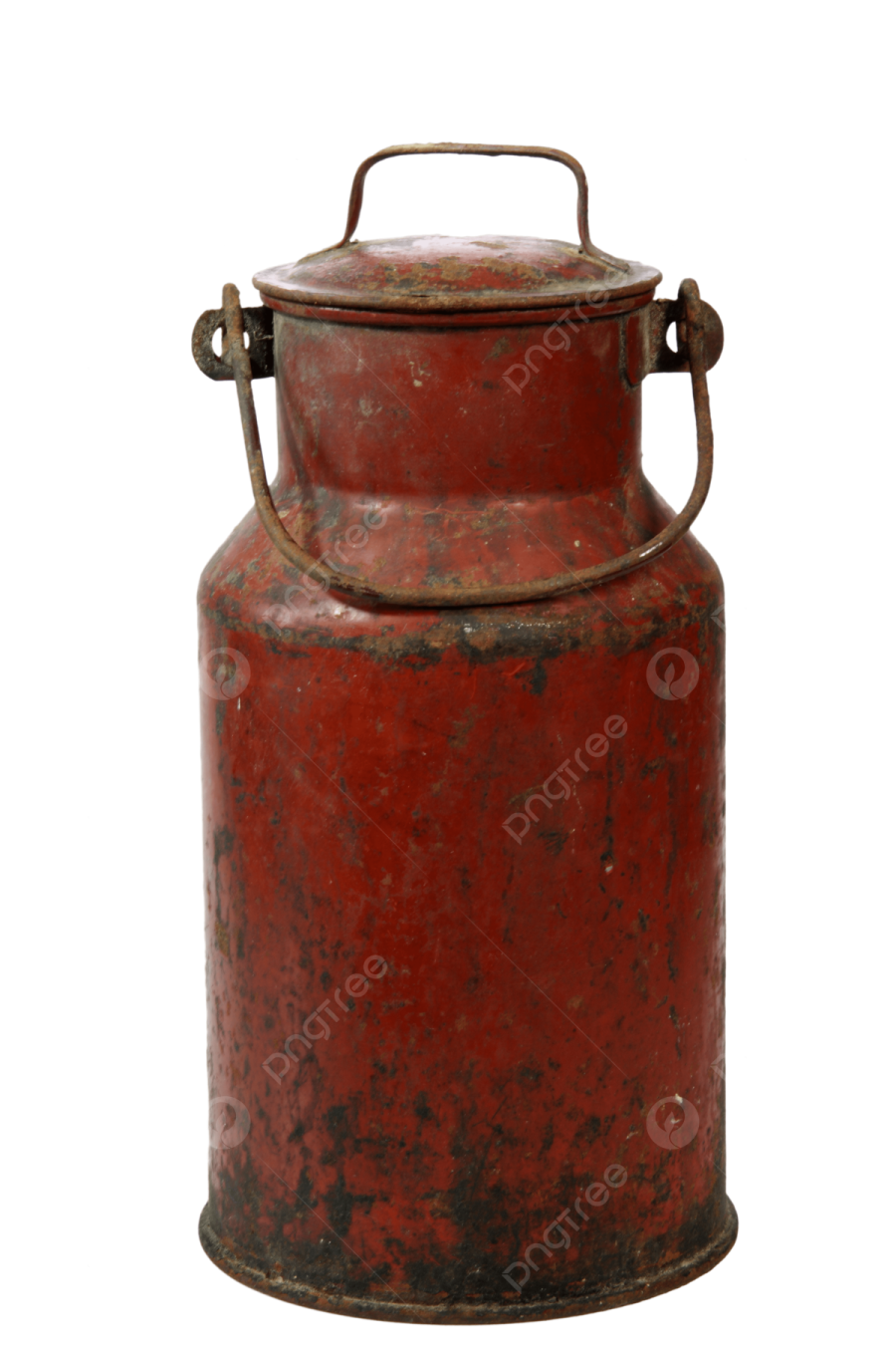 an old red metal canister on white background