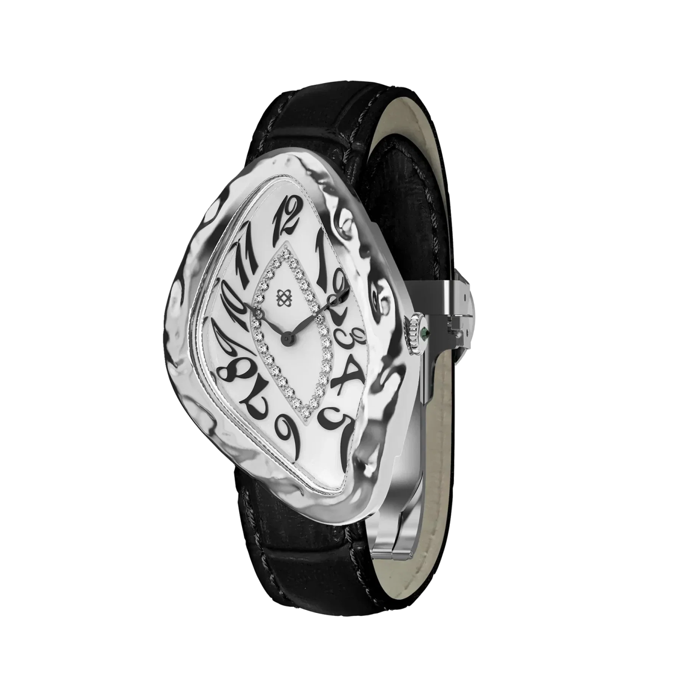 a watch with black leather straps and white dial