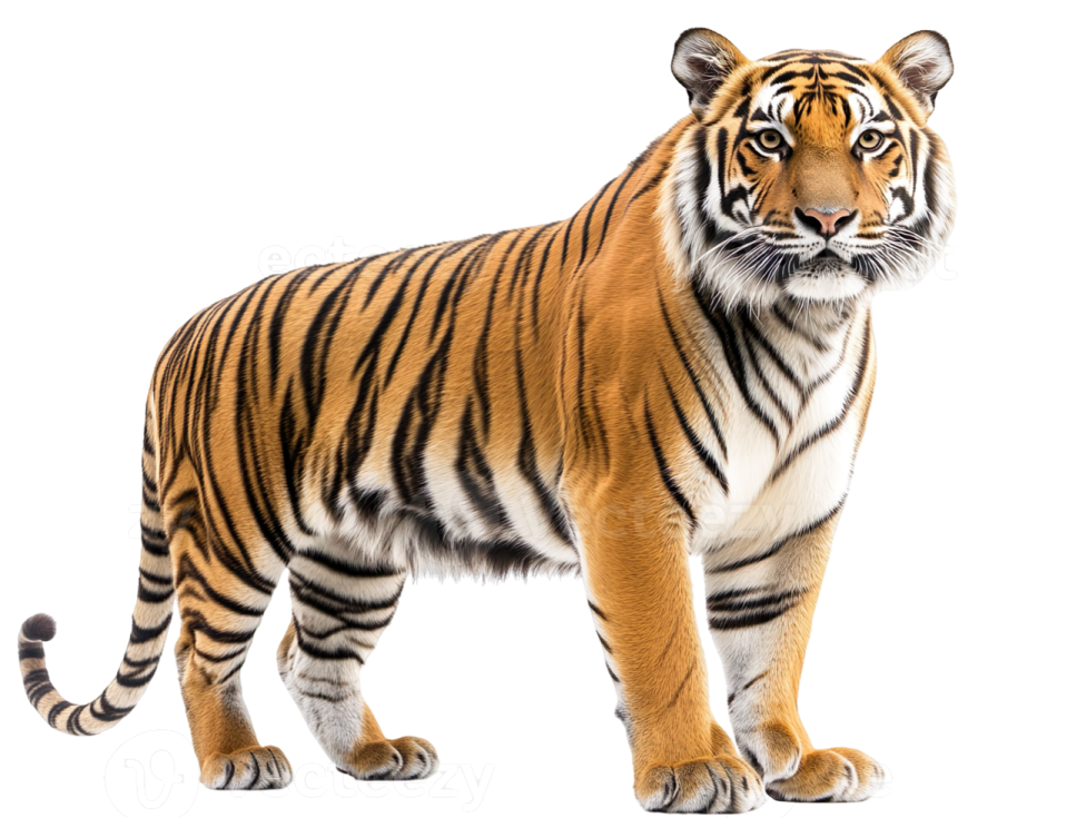 a tiger standing in front of a white background