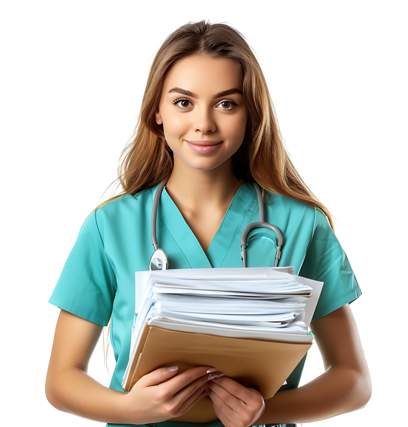 a woman in a green scrub suit holding a folder