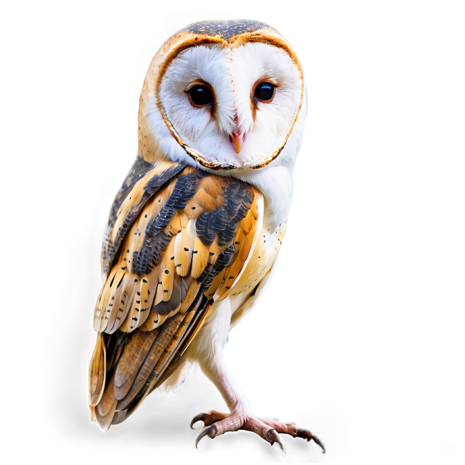 a barn owl perched on a white background