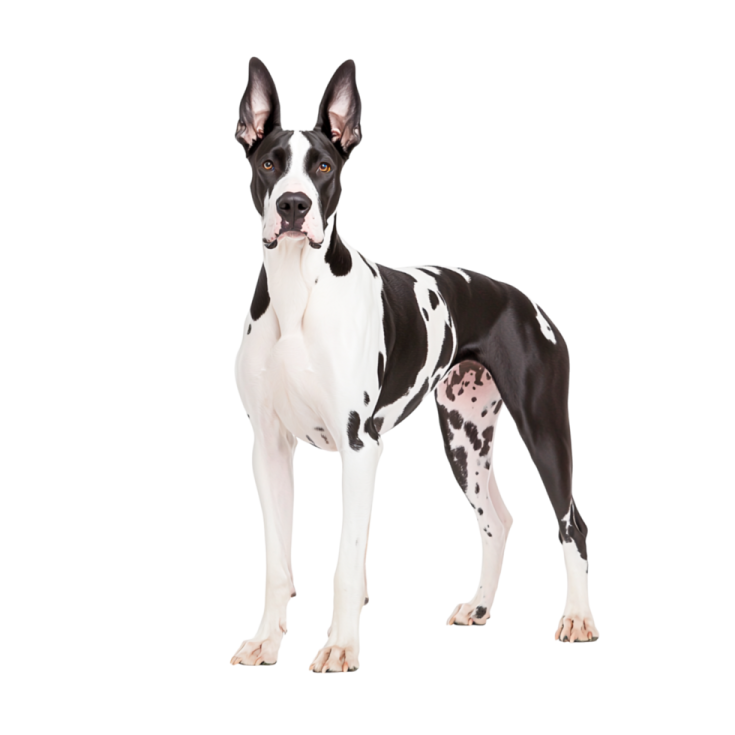a black and white dog standing on a white background