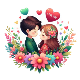 a couple kissing with flowers and hearts in the background