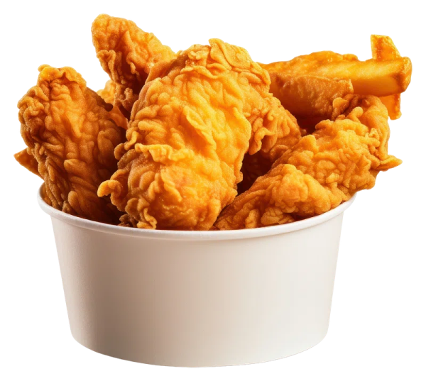 a white bowl filled with chicken nus