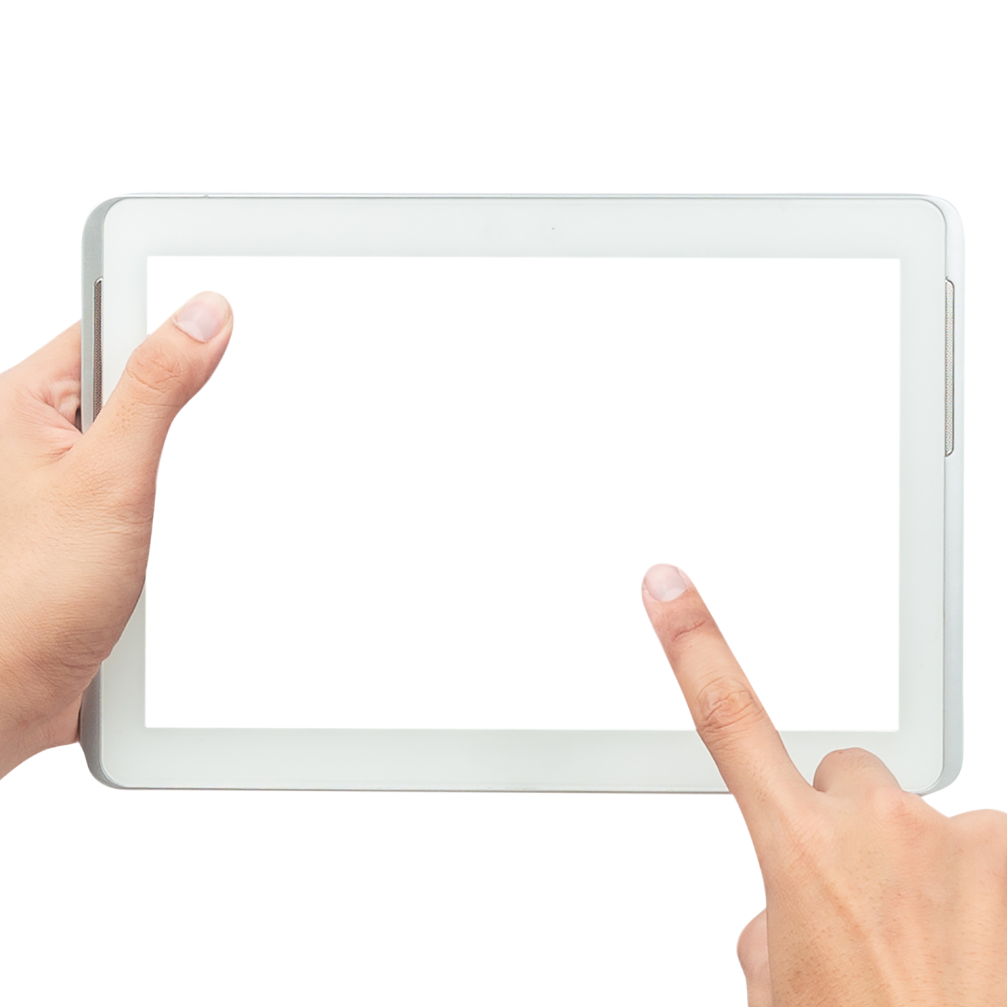 two hands holding an ipad with a white screen
