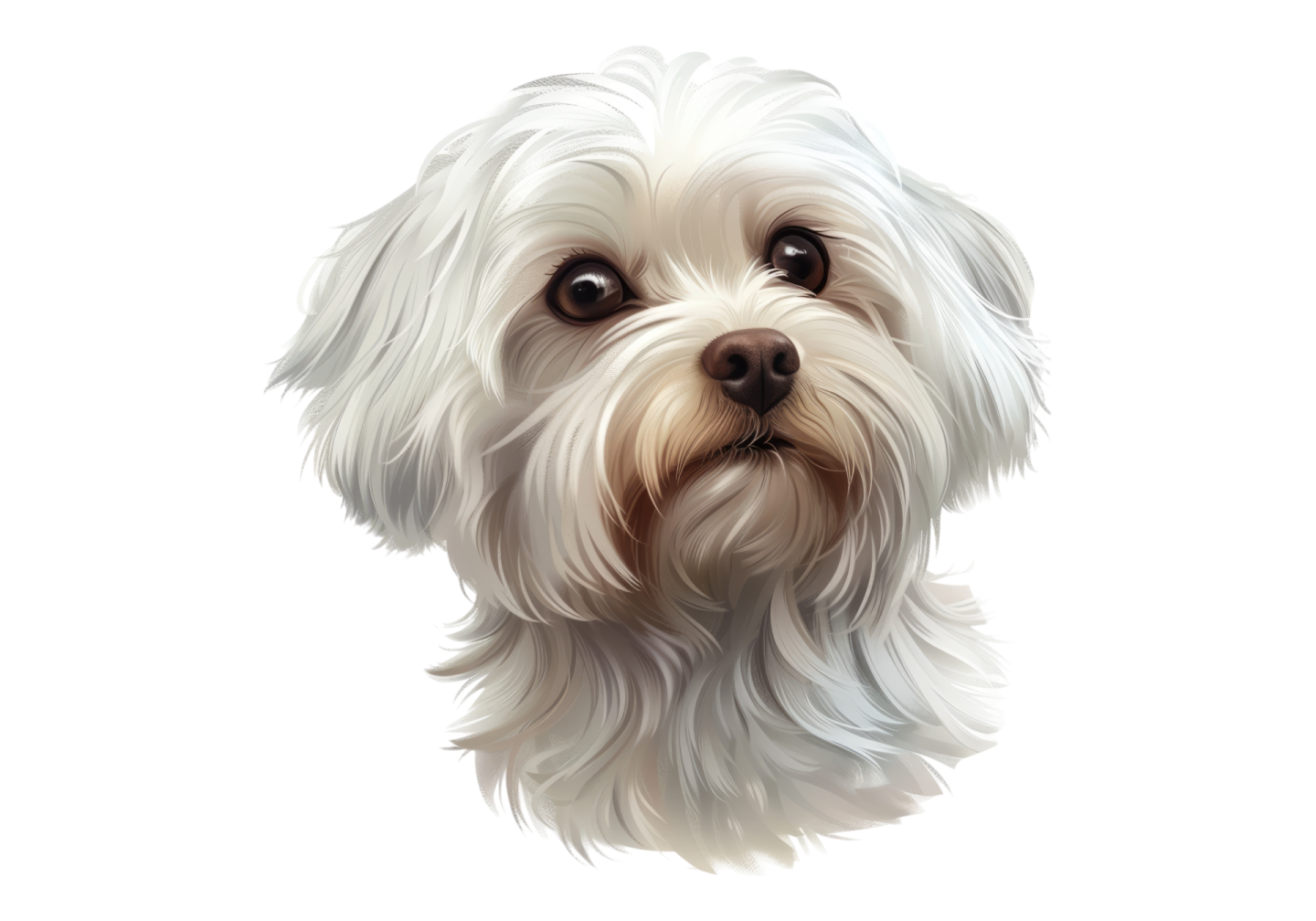 a white dog with long hair and brown eyes