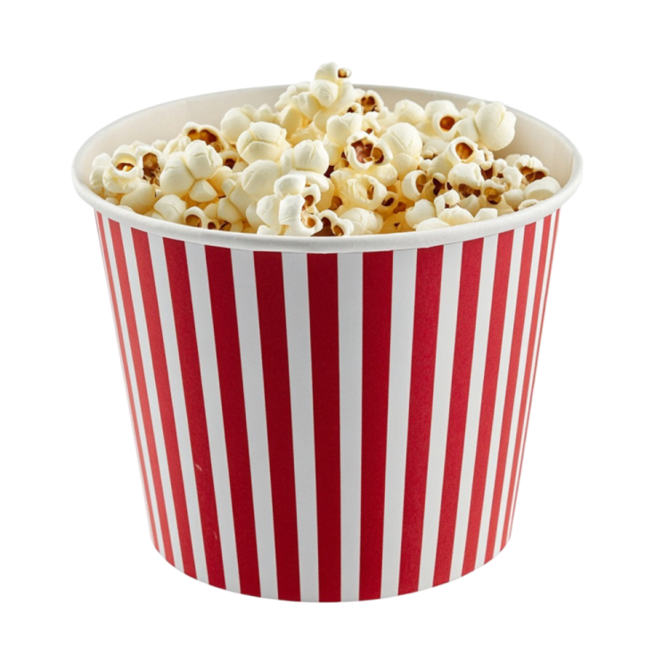 a red and white striped cup filled with popcorn