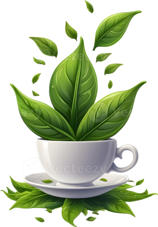 a cup of tea with green leaves