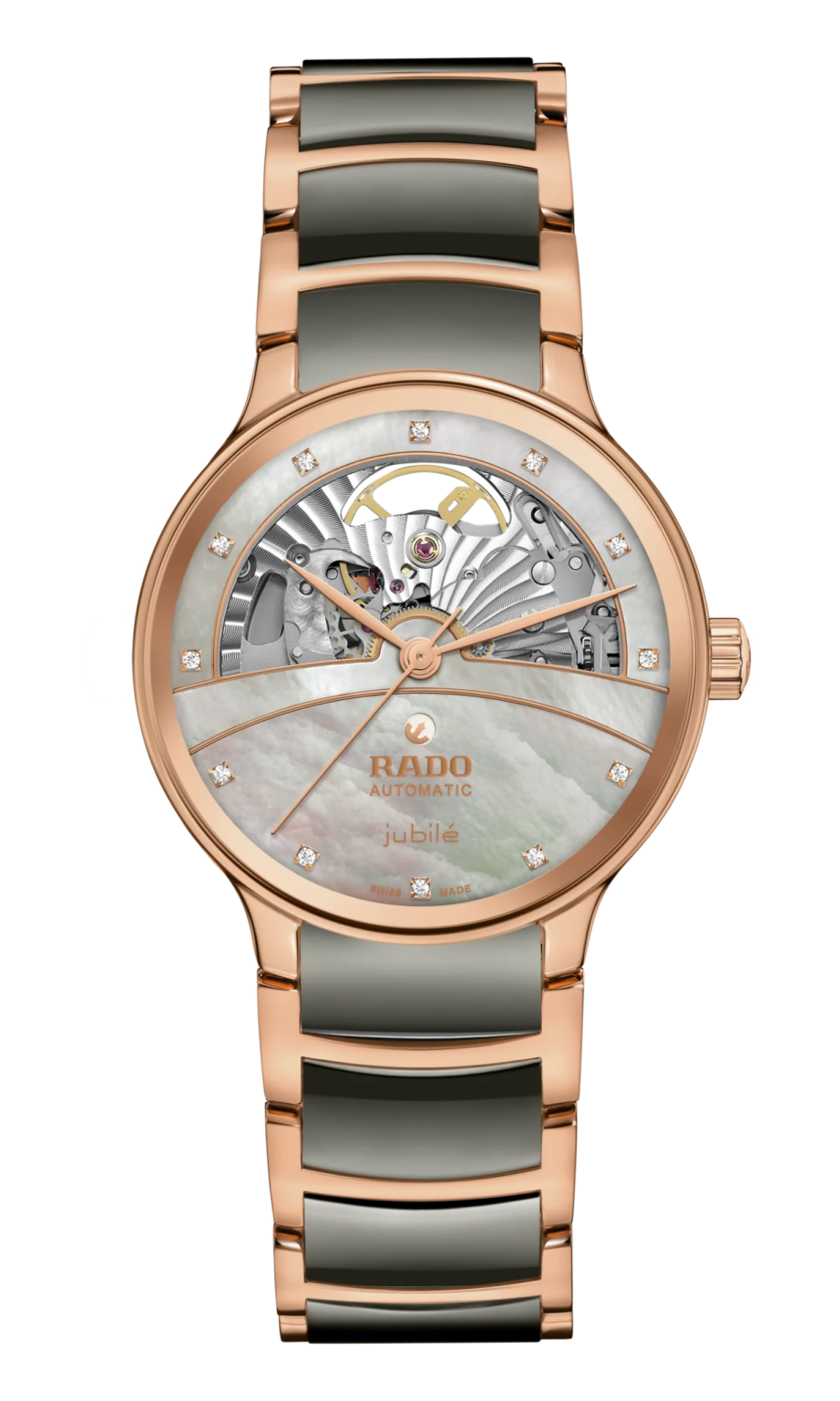 a rose gold and grey watch with diamonds