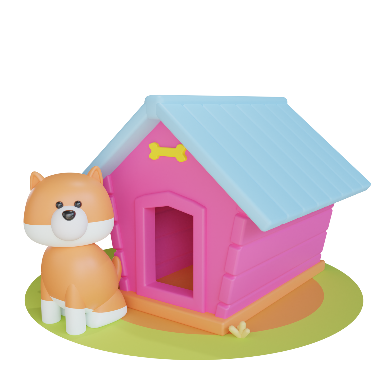 a small dog sitting next to a pink house