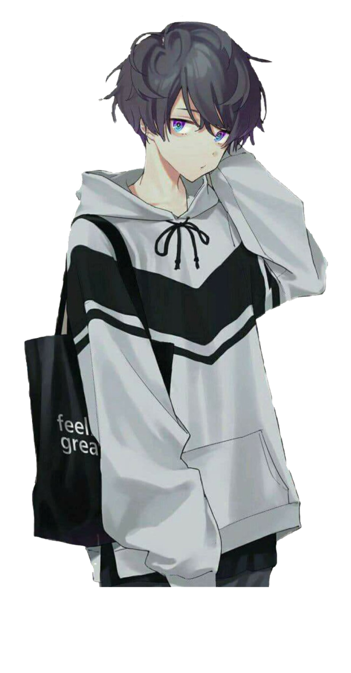 an anime boy with black hair and a gray hoodie