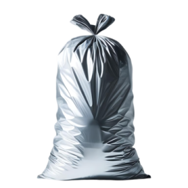 a silver trash bag on a white background