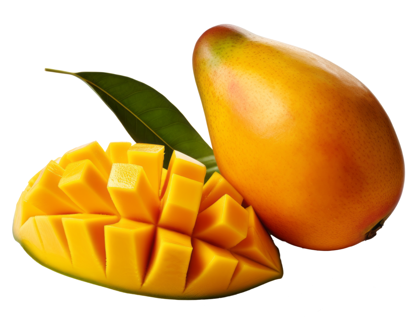 a mango cut in half with a green leaf