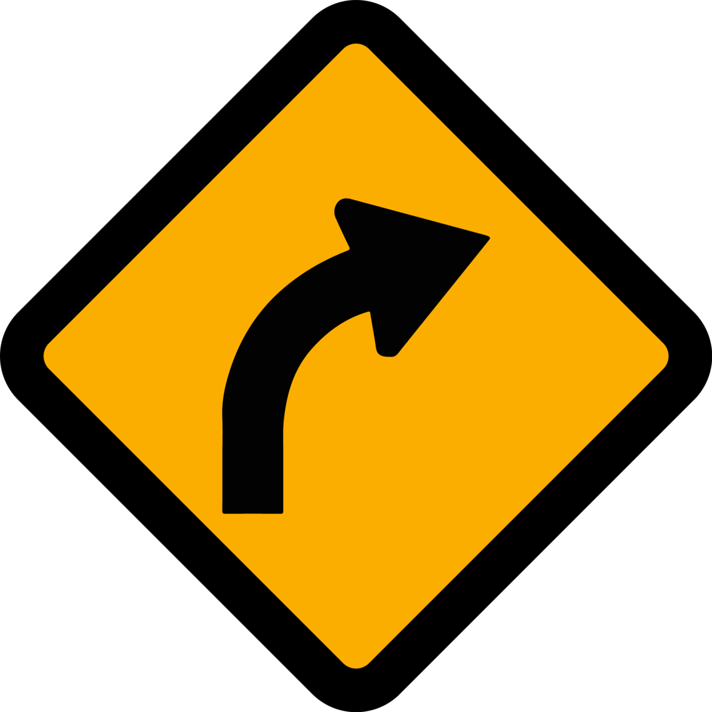 a yellow and black road sign with an arrow