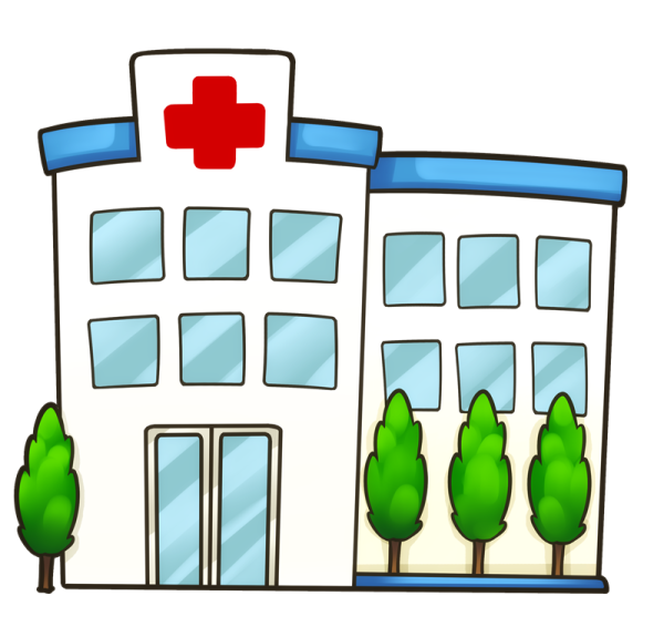 a hospital building with trees in front of it