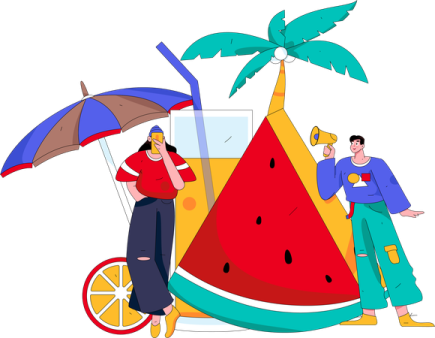 a man and woman standing next to a watermelon