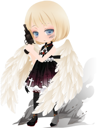 a girl with angel wings holding a gun