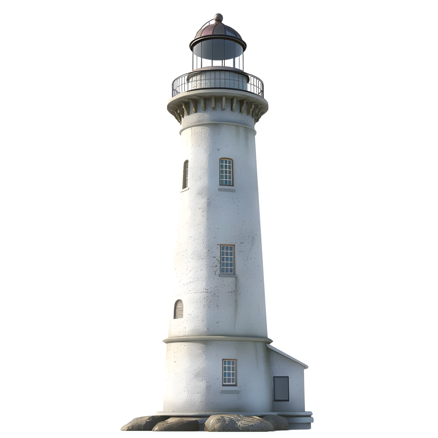 a white lighthouse with a black roof