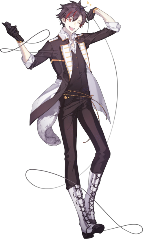 an anime character with long hair and a black suit, holding a microphone
