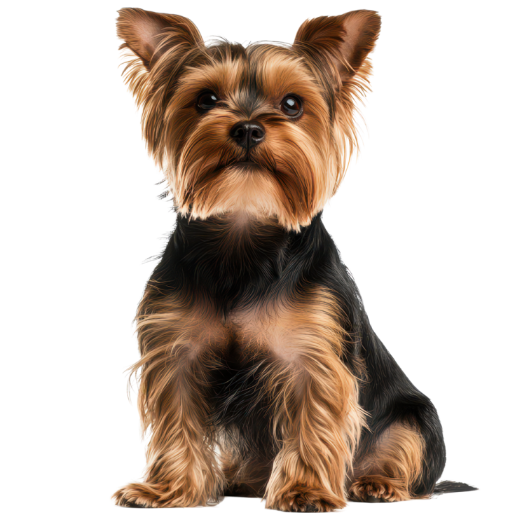 a small dog sitting in front of a white background