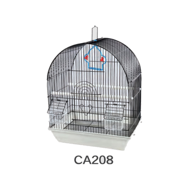 a small bird cage with the door open
