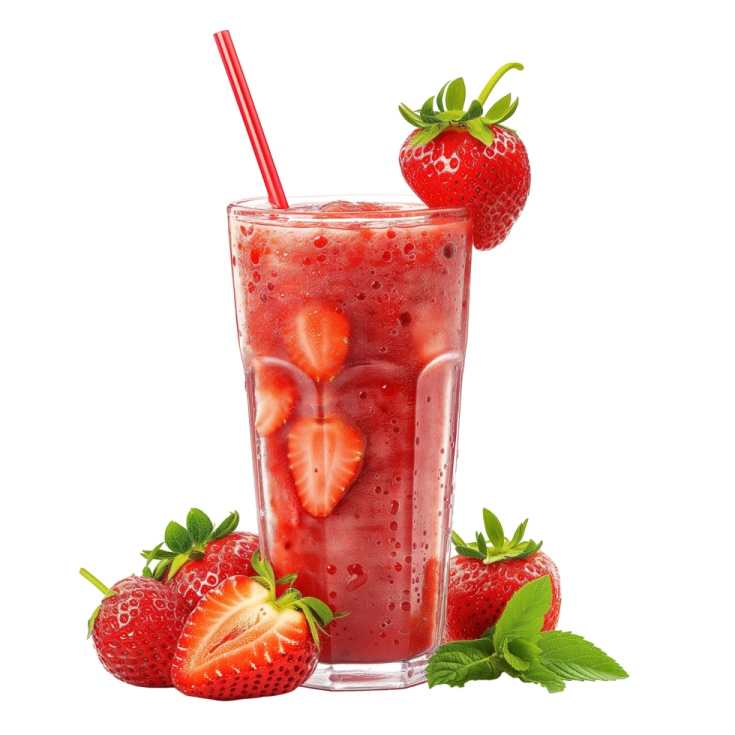 a glass of strawberry juice with strawberries on the side