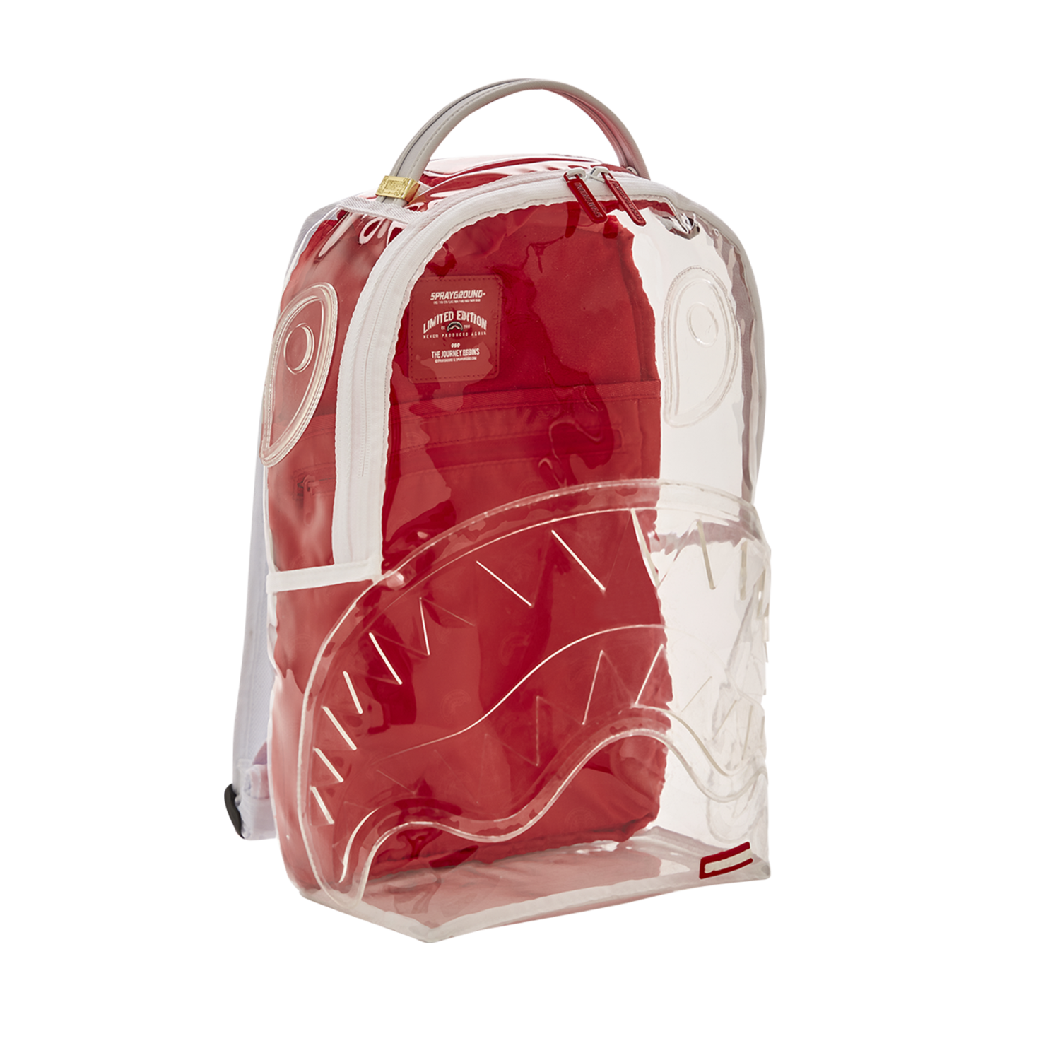 a red and white backpack on a white background