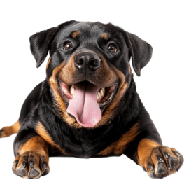 a black and brown dog laying down with its tongue out