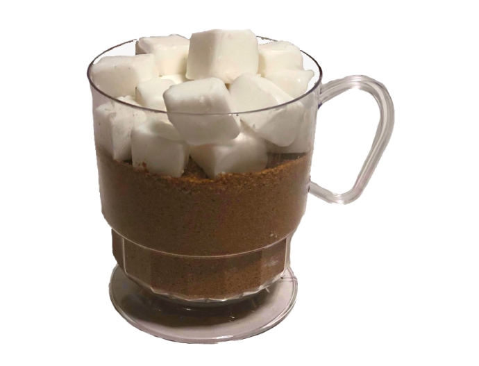 a glass mug filled with marsh and marsh