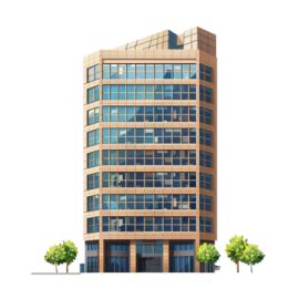 an office building with glass windows and trees