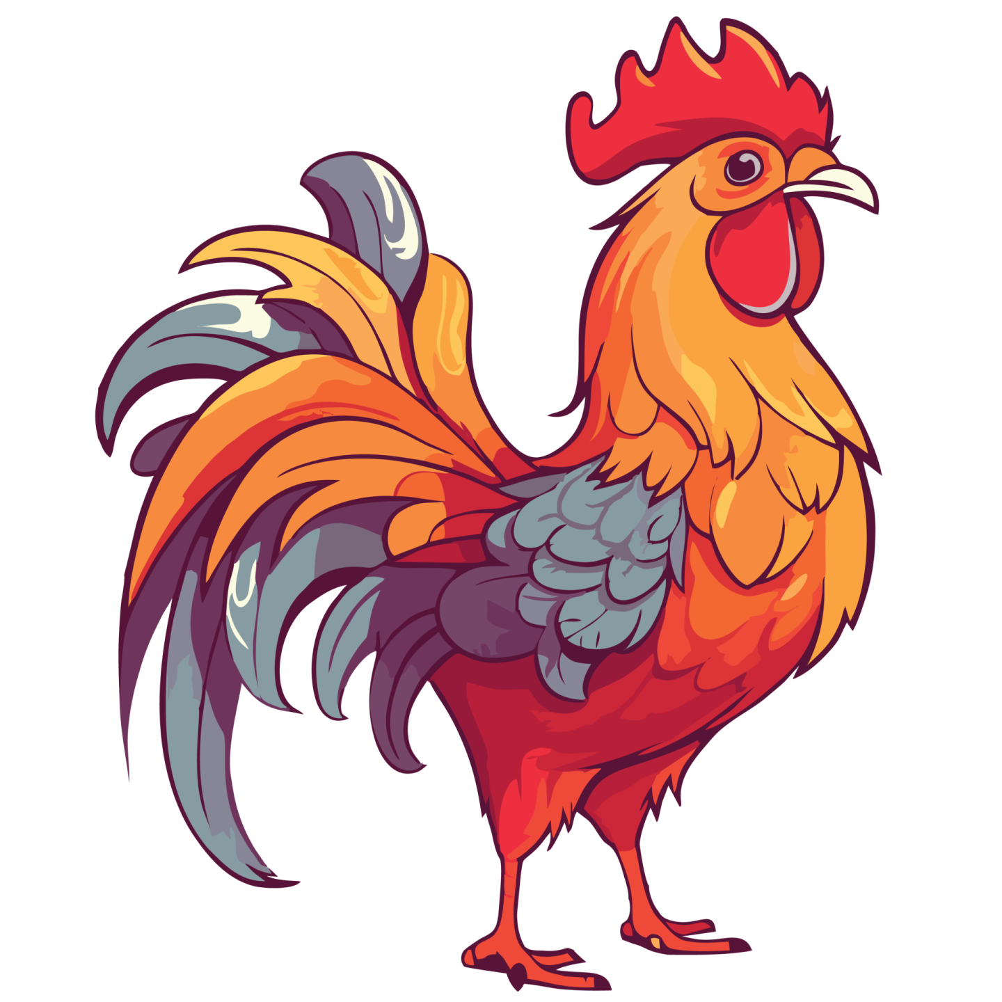 a rooster with a red and yellow tail