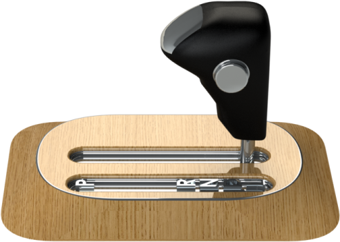 a wooden desk with a metal handle on it
